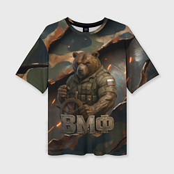Женская футболка оверсайз ВМФ медведь у штурвала на фоне камуфляжа