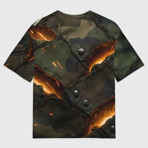 Женская футболка оверсайз Порванная камуфляжная ткань с огнем / 3D-принт – фото 2