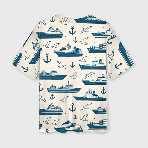 Женская футболка оверсайз Морской паттерн из чаек, якорей и кораблей / 3D-принт – фото 2