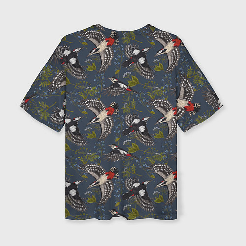 Женская футболка оверсайз Дятлы и цветы / 3D-принт – фото 2