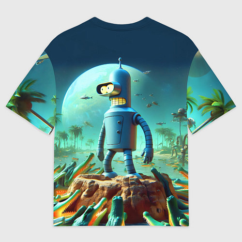 Женская футболка оверсайз Роботу-сгибальщику Бендеру по-барабану стая крокод / 3D-принт – фото 2