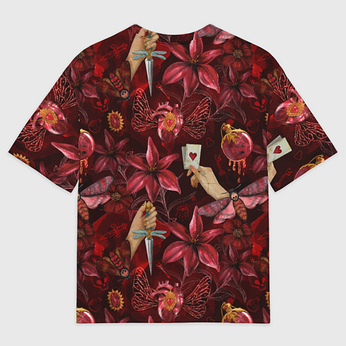 Женская футболка оверсайз Бордовая готика с сердцем, лилиями и мотыльками / 3D-принт – фото 2