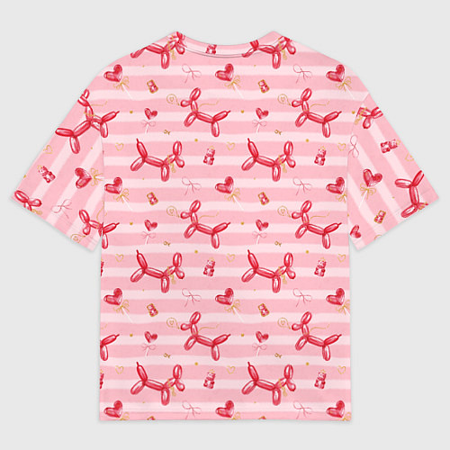 Женская футболка оверсайз Красные шарики-собачки на розовых полосках / 3D-принт – фото 2