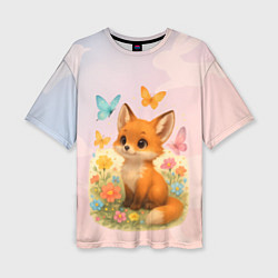 Футболка оверсайз женская Лисичка с бабочками и цветочками, цвет: 3D-принт