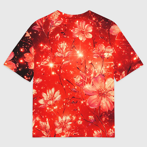 Женская футболка оверсайз Цветочный красный с искрами / 3D-принт – фото 2