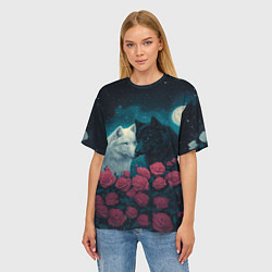 Футболка оверсайз женская Черный волк и белая волчица, цвет: 3D-принт — фото 2