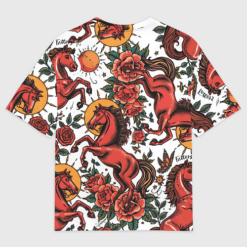 Женская футболка оверсайз Красный конь в стиле татуировки / 3D-принт – фото 2