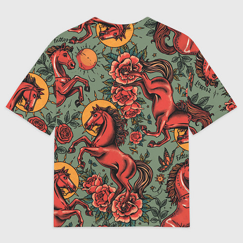 Женская футболка оверсайз Красный конь и розы / 3D-принт – фото 2
