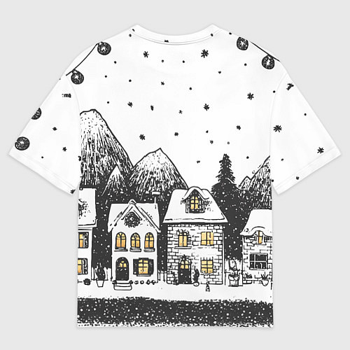 Женская футболка оверсайз Черно-белый новогодний город / 3D-принт – фото 2