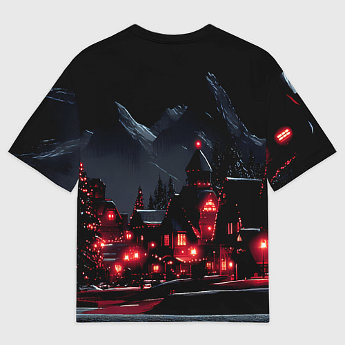 Женская футболка оверсайз Новогодняя ночь и красные гирлянды / 3D-принт – фото 2