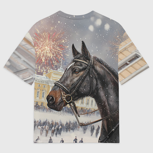 Женская футболка оверсайз Конь на фоне салюта / 3D-принт – фото 2