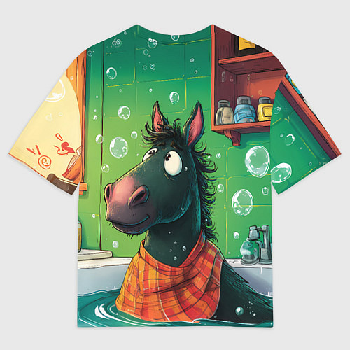 Женская футболка оверсайз Лошадь моется в ванной / 3D-принт – фото 2