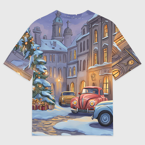 Женская футболка оверсайз Новогодний снежный двор / 3D-принт – фото 2
