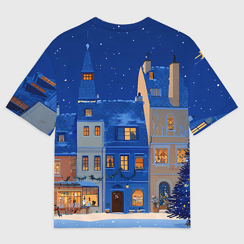 Женская футболка оверсайз Синяя новогодняя елочка во дворе / 3D-принт – фото 2