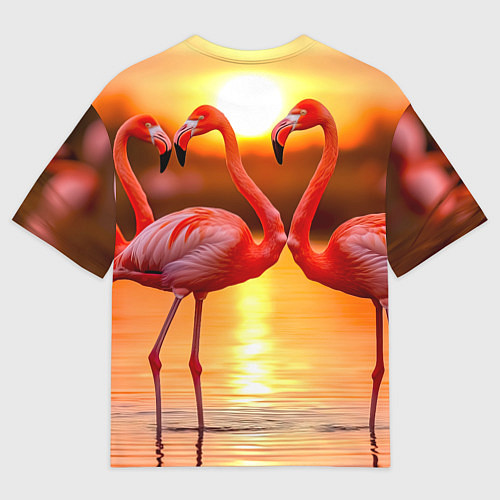 Женская футболка оверсайз Розовый закат с фламинго / 3D-принт – фото 2