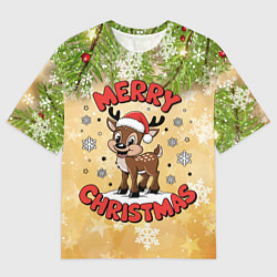 Женская футболка оверсайз Олень в шапке Санты