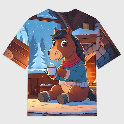 Женская футболка оверсайз Лошадка у камина / 3D-принт – фото 2