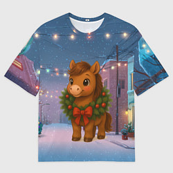 Футболка оверсайз женская Лошадка с новогоднем венком 2026, цвет: 3D-принт