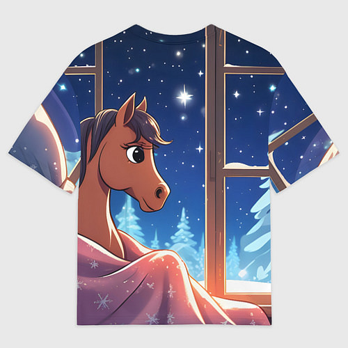 Женская футболка оверсайз Лошадка зимней звездной ночью / 3D-принт – фото 2