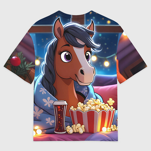 Женская футболка оверсайз Новогодняя лошадка с попкорном / 3D-принт – фото 2