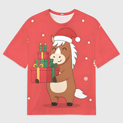 Футболка оверсайз женская Новогодняя лошадка с подарками, цвет: 3D-принт
