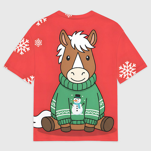 Женская футболка оверсайз Новогодняя лошадка в зеленом свитере / 3D-принт – фото 2