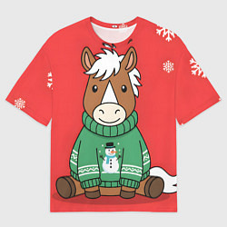 Женская футболка оверсайз Новогодняя лошадка в зеленом свитере