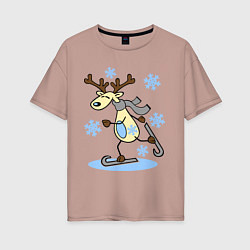 Женская футболка оверсайз Олень на лыжах
