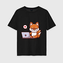 Женская футболка оверсайз Cute fox and laptop