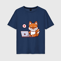Футболка оверсайз женская Cute fox and laptop, цвет: тёмно-синий