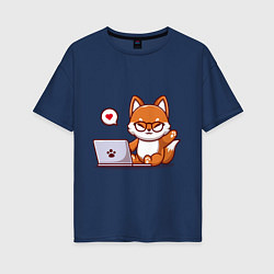 Женская футболка оверсайз Cute fox and laptop