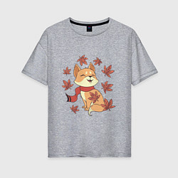 Женская футболка оверсайз Осенний милый котик и листопад