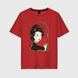 Футболка оверсайз женская Японская Гейша Винтажный арт, цвет: красный