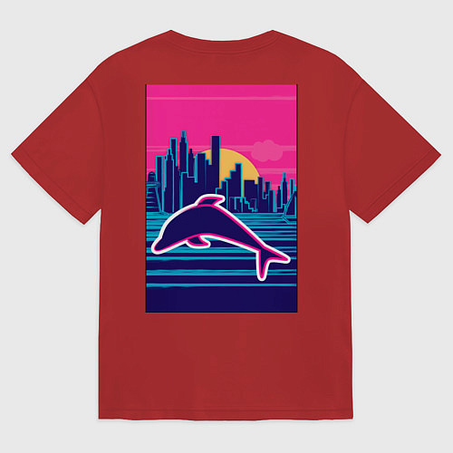 Женская футболка оверсайз Дельфин на фоне города / Красный – фото 2