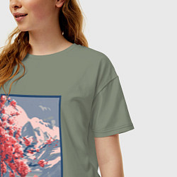 Футболка оверсайз женская Цветение Сакуры на фоне Фудзи, цвет: авокадо — фото 2