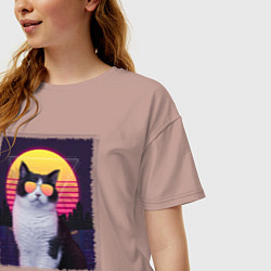 Футболка оверсайз женская Synthwave cat, цвет: пыльно-розовый — фото 2