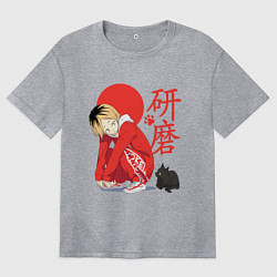 Футболка оверсайз женская Кенма Козуме с котиком Haikyuu, цвет: меланж
