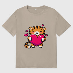 Футболка оверсайз женская Милый тигренок с сердечком, цвет: миндальный