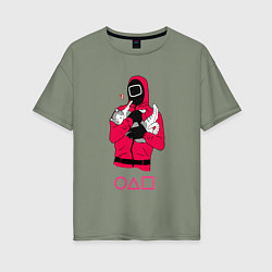 Футболка оверсайз женская Игра в кальмара - милый котик, цвет: авокадо