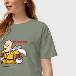 Футболка оверсайз женская Счастливый Сайтама с пакетами продуктов One Punch-, цвет: авокадо — фото 2