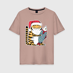 Женская футболка оверсайз Тигр с большой рыбой