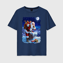 Женская футболка оверсайз Дед Мороз с подарками на крыше
