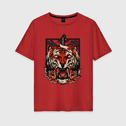 Футболка оверсайз женская Японский дерзкий тигр, цвет: красный