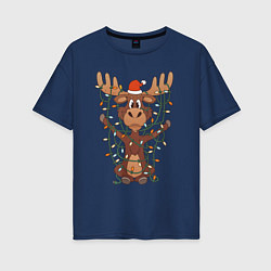 Футболка оверсайз женская НОВОГОДНИЙ ОЛЕНЬ CHRISTMAS DEER, цвет: тёмно-синий