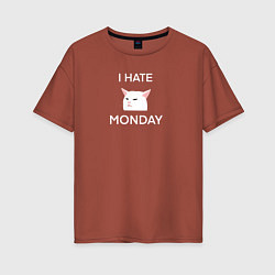 Женская футболка оверсайз I hate monday текст с котом