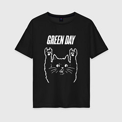 Футболка оверсайз женская Green Day Рок кот, цвет: черный