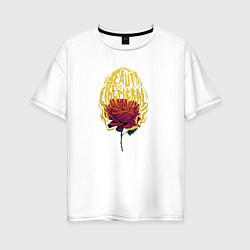 Женская футболка оверсайз Горящая роза с цитатой Красота эфемерна Beauty is