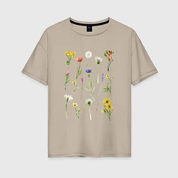 Футболка оверсайз женская Акварельная иллюстрация полевых цветов, цвет: миндальный