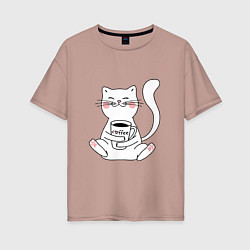 Женская футболка оверсайз Белый кот с кофе