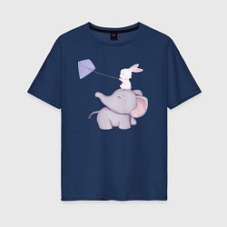 Женская футболка оверсайз Милый Слонёнок и Кролик Играют С Воздушным Змеем